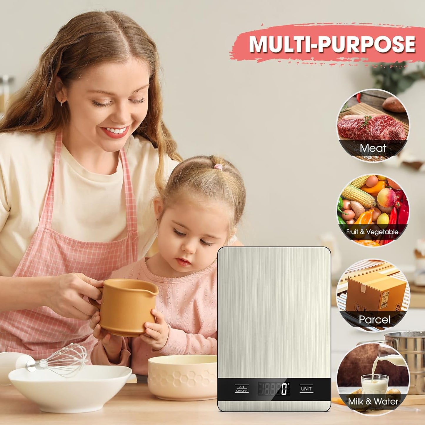 Mik-Nana Food Scale, 11lb Digital Kitchen Scale with LCD Display 6 Units Tare Function, Stainless Steel Weight Grams and Ounces for Baking, Cooking and Meal Prep (Batteries Included)
