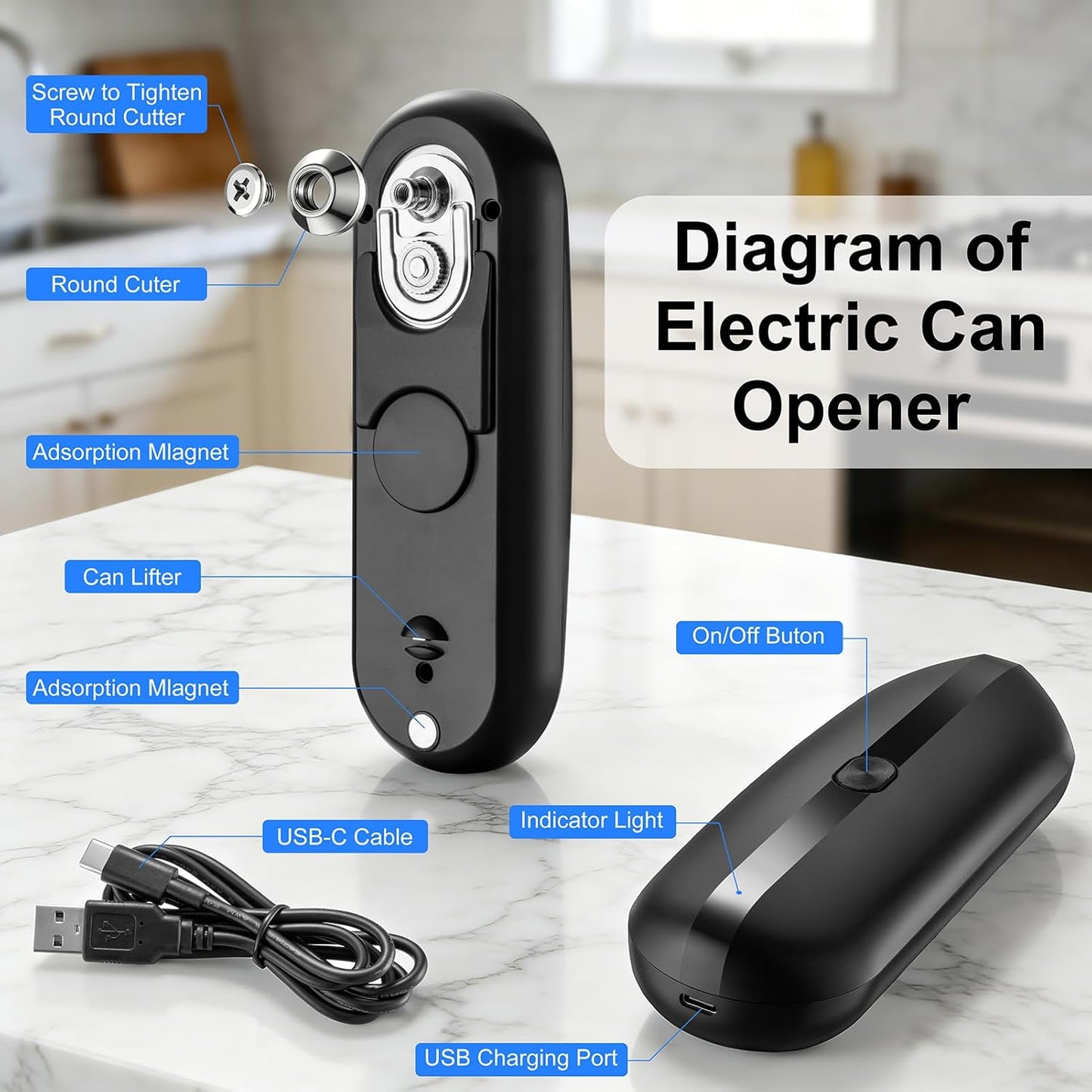 Electric Can Opener, Automatic Hands-Free Can Opener with Smooth Edge, One-Touch Operation USB Rechargeable, for Seniors, Arthritis Sufferers, Kitchen and Camping Use, Replaceable Blade (Black)