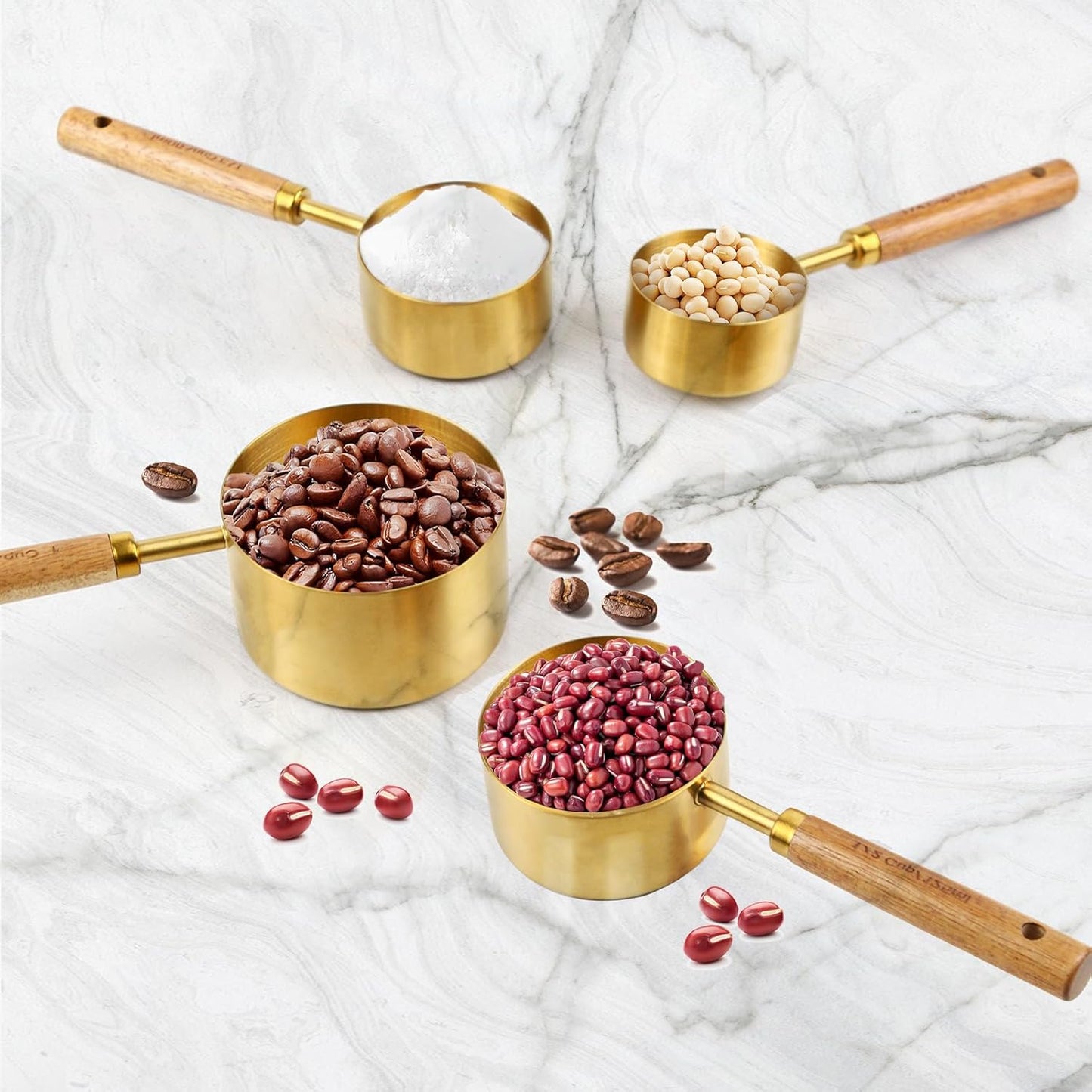 4 Piece gold measuring cups set,Golden Stainless Steel Measuring Cup and spoons set with Wooden Handle for Food/Liquid/Baking in the Kitchen
