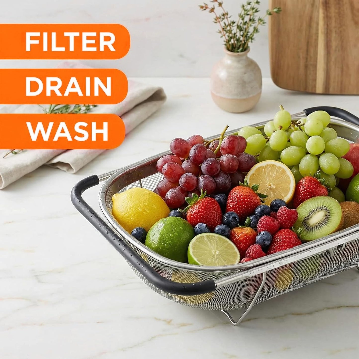 Over The Sink Colander, Fine Mesh Stainless Steel Strainers and Colanders, 6 Quarts Stainless Steel Oval Colander with Expandable Rubber Grip Handle, Steel Colander for Strain, Drain, Rinse