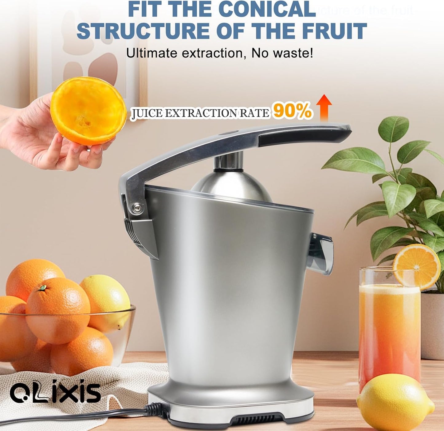 OLIXIS Electric Citrus Juicer, Automatic Orange Juicer Machine & Lemon Squeezer with One-Touch Operation, High Juice Yield and Easy to Clean Juice Maker for Home & Kitchen Use, Silver