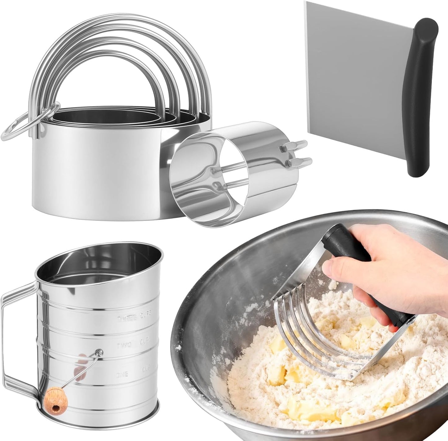 Stainless Steel Biscuit Cutter Set, Ergonomic Pastry Scraper and Dough Blender with Non Slip Grip for Biscuits Pie Cookies(style 1)