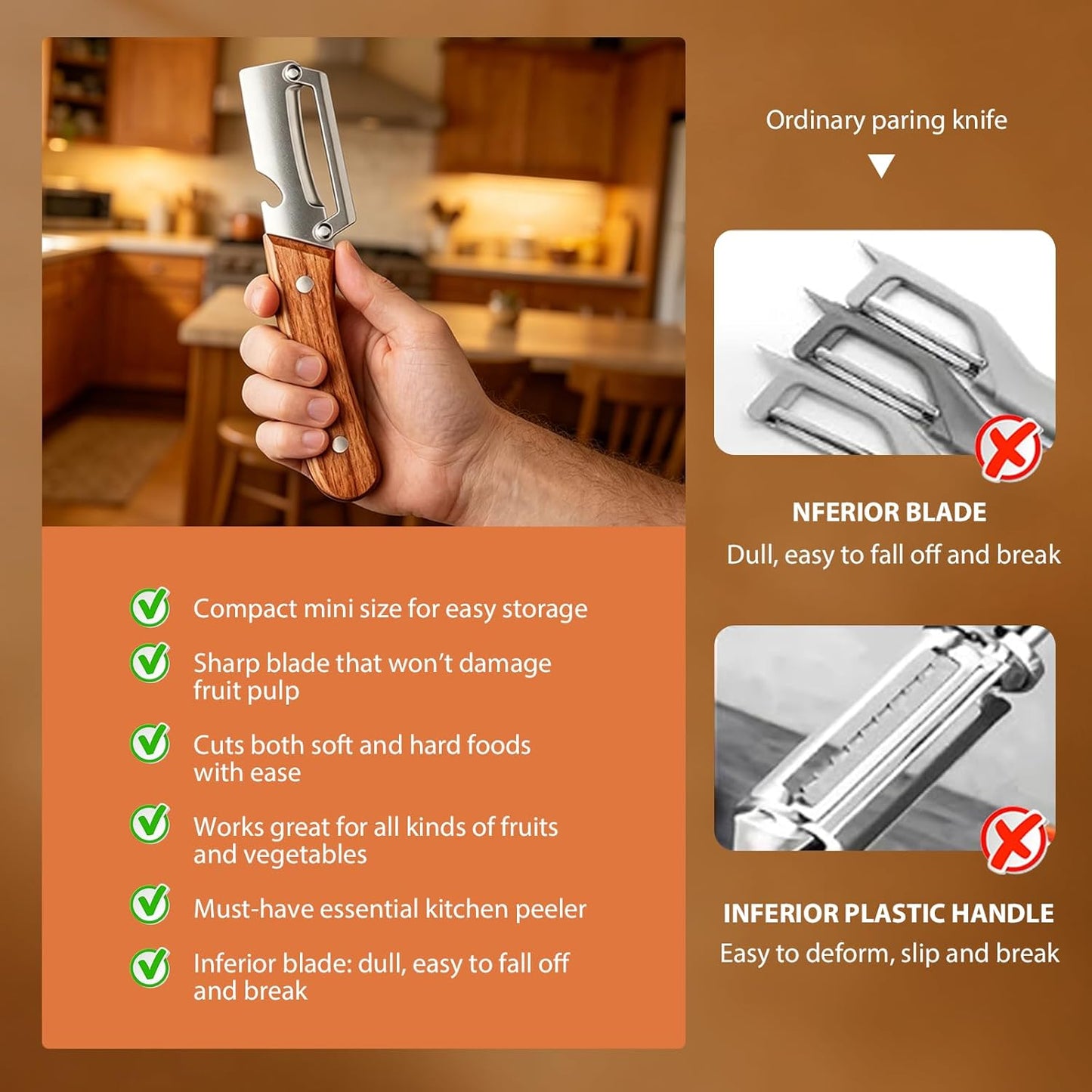 3 Pcs Multifunctional Vegetable Peeler,Multi-Functional Kitchen Peeler with Integrated Opener,Wooden Handle, Stainless Steel Blade Kitchen Tool for Fruit Apple Potato