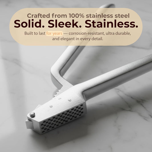 No Peeling Required, 100% Stainless Steel Garlic Press – Odor-free Cleaning, Rust Proof, Detachable Handle, Fine Mincer, 5 years Guarantee, Dishwasher safe garlic crusher tool, Moledor de ajo