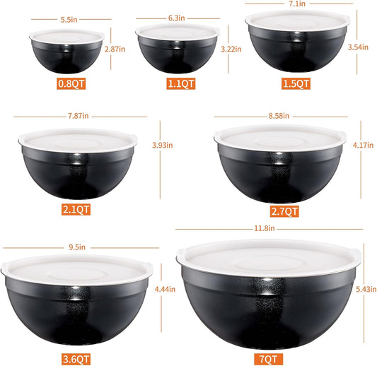 Red Mixing Bowls with Lids Set of 7, Stainless Steel Nesting Bowl with Khaki Lid for Non-slip Mixing Prepping Storing Serving, 7 Sizes-7/3.6/2.7/2.1/1.5/1/0.8 QT