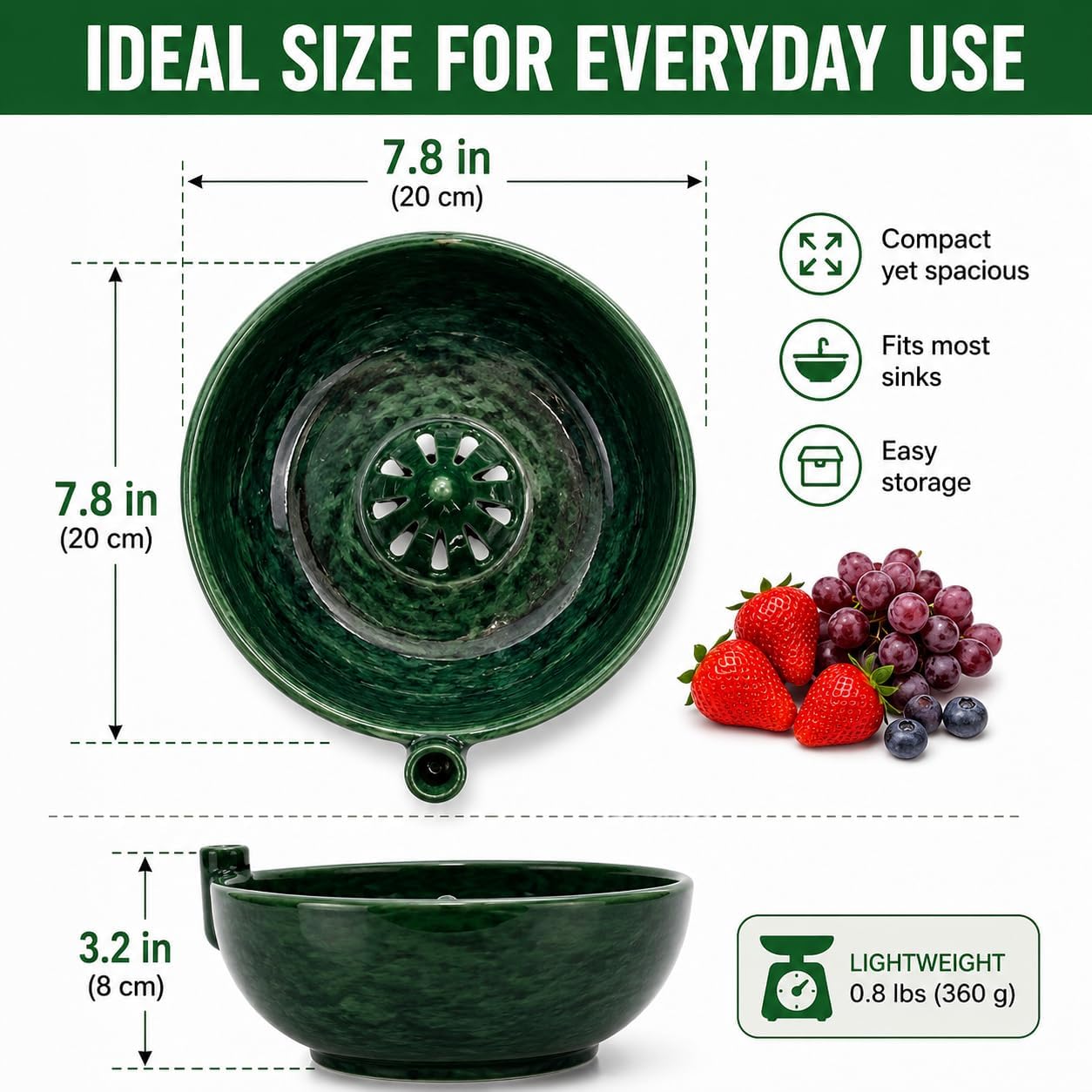 Self Spinning Berry Washing Bowl with Drain Holes, Berry Rinse Bowl & Fruit Wash Bowl for Strawberries, Blueberries and Grapes, Glossy Ceramic-Look PLA Berry Washer, Colander Bowl for Kitchen