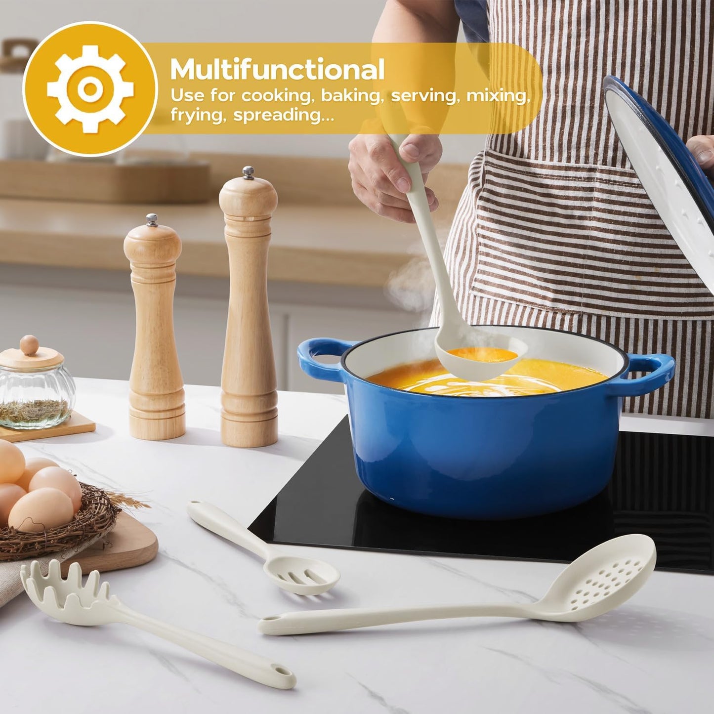 Onader Silicone Cooking Utensils Set of 10, Kitchen Utensils for Nonstick Cookware, Heat Resistant & Nontoxic Spatula Set- Khaki