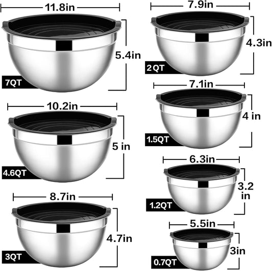 E-far Stainless Steel Mixing Bowls with Lids, 7-Piece Metal Nesting Bowls with Colorful Airtight Lids for Saving Storage Space, Size 7, 4.6, 3, 2, 1.5, 1, 0.7QT, Great for Baking/Cooking/Prepping