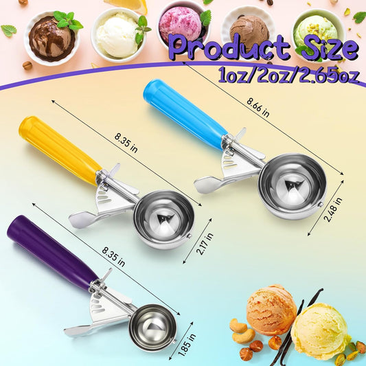 Reallnaive 3 Pcs Release Cookie Scoops Ice Cream Scooper with Trigger Release Portion Scoop Stainless Steel for Portion Control, Baking Food, Cookie Dough (2.65 Oz+1.33 Oz+ 0.75 oz,Green,Red,Black)