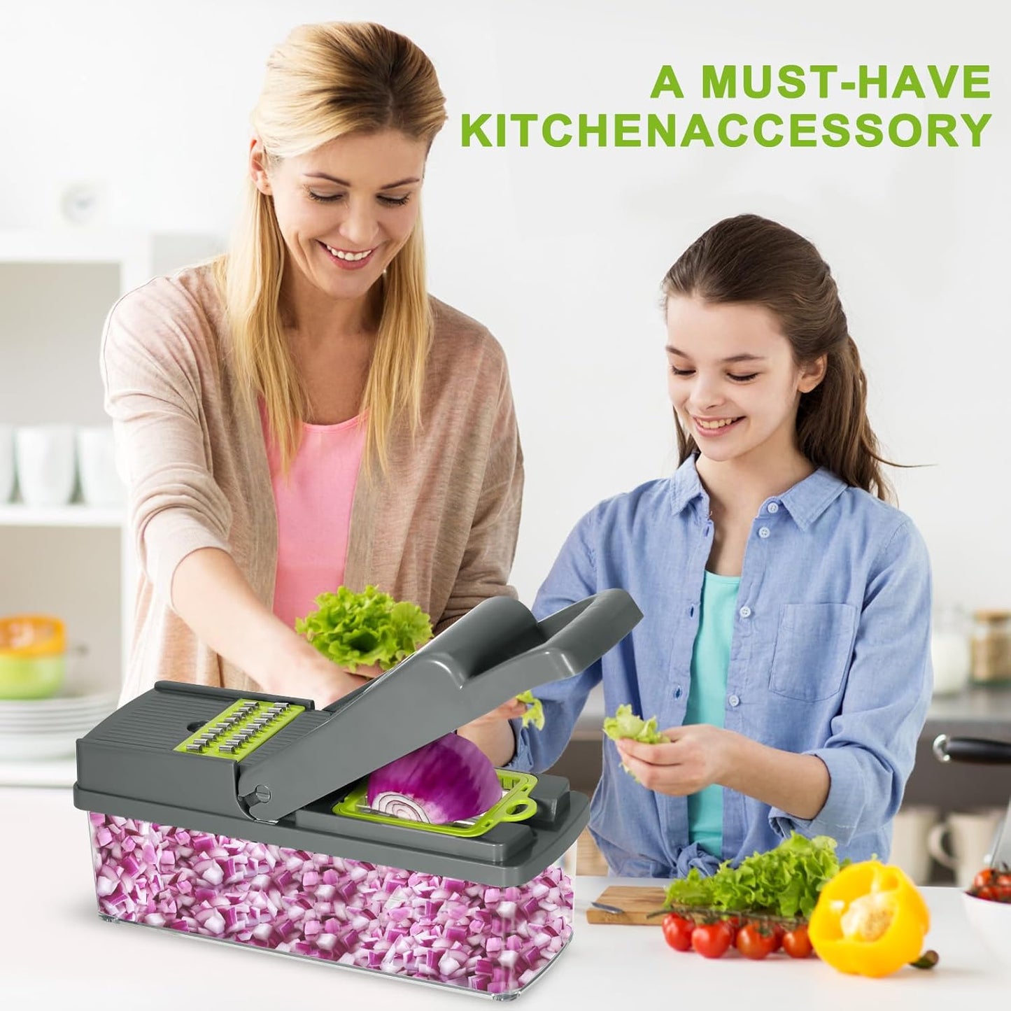 Vegetable Chopper with Container and Lid Multifunctional 14 in 1, Professional Veggie Chopper, Non Slip Durable Kitchen Chopper Vegetable Cutter, Mandoline Food Chopper With 8 Blades