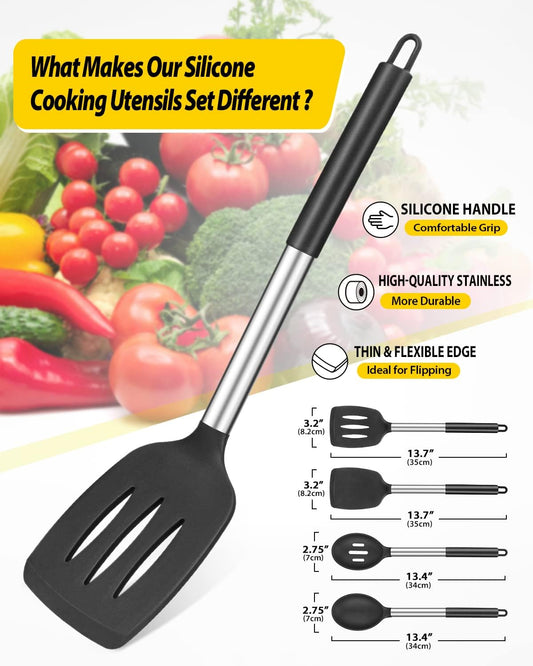 Pack of 4 Silicone Cooking Utensils Set, Non Stick Large Solid Spatulas, Heat Resistant Gray Slotted Spoons, Ideal BPA Free Kitchen Turners for Frying, Mixing,Serving,Draining,Turning,Stirring