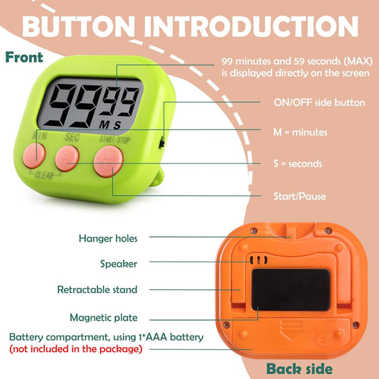 GeeRic Kitchen Timers 4 Pack, Electronic Timers with Loud Alarm for Cooking, Magnetic Digital Timers Big LCD Display Blue Green Pink White (No Battery Included)