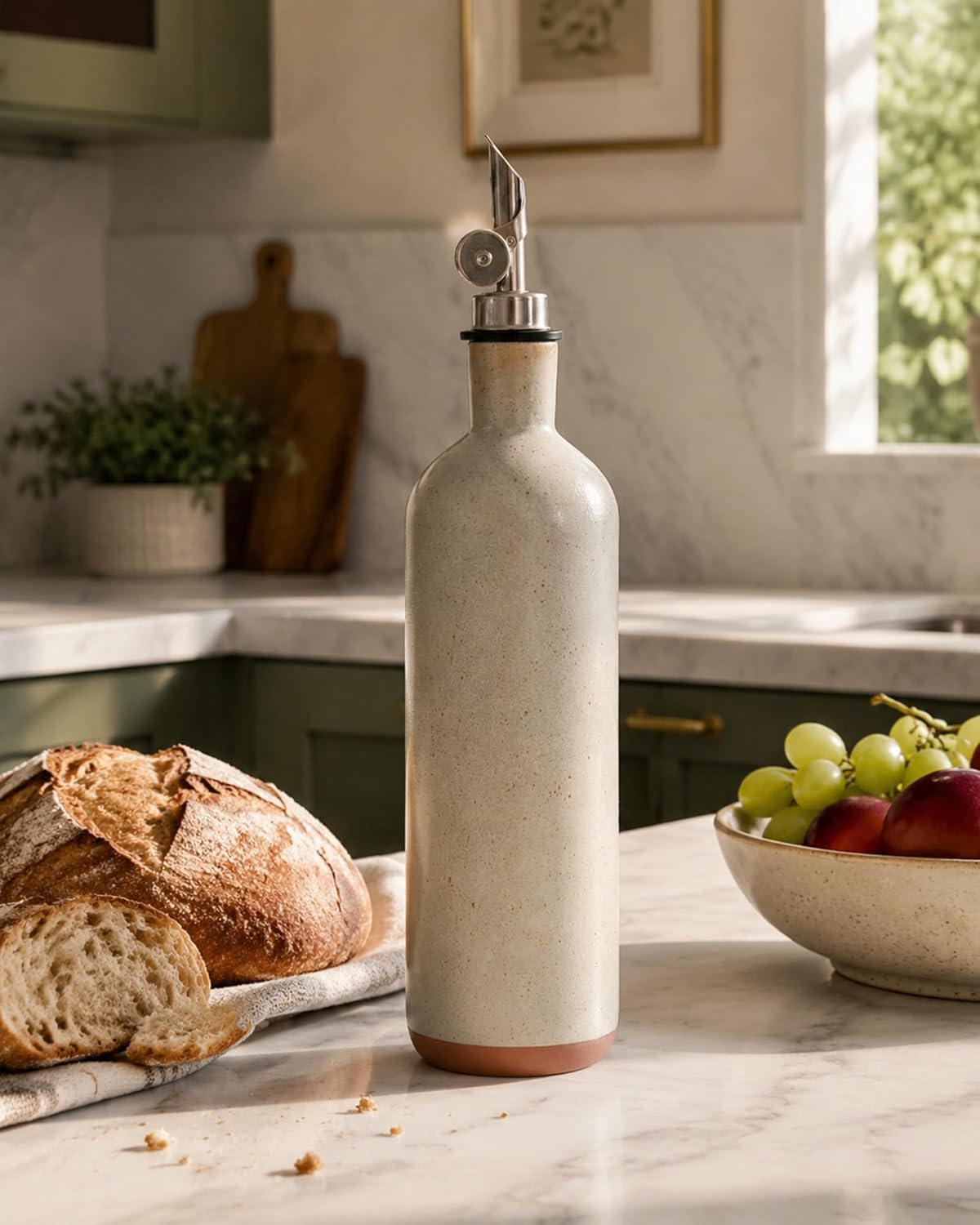 17 oz Ceramic Olive Oil Bottle Dispenser for kitchen with Stainless Automatic Spout, Stoneware 500ml Oil, Vinegar, Soy Sauce, Coffee Syrup, and Liquids container - Deep Gray-Blue