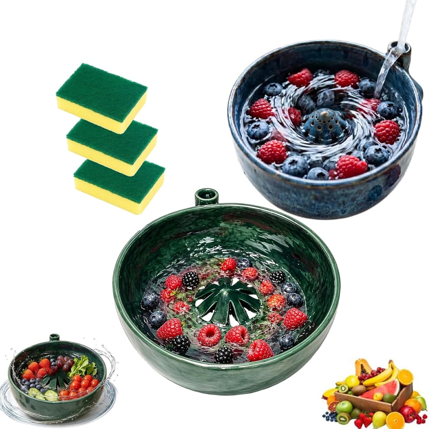 The Original Artisan Swirling Berry Bowl, Self Rinsing Berry Bowl with Drain Holes, Vortex Fruit Washing Design, Automatic Rotating Strainer Basket for Berries Vegetables Serving (1PCS*B)