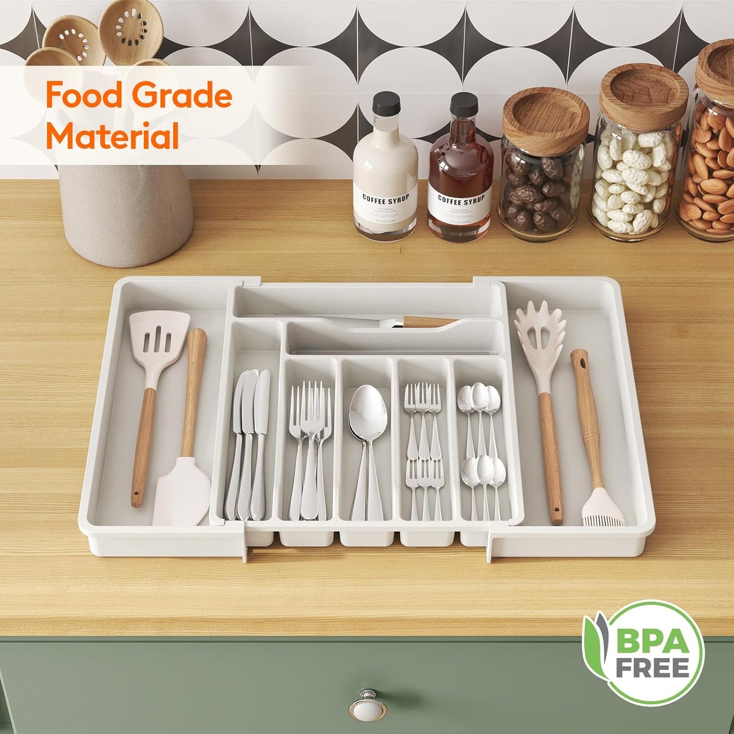 Lifewit Utensil Organizer for Kitchen Drawer, Expandable Cooking Silverware Tray, Adjustable Cutlery Flatware Holder, Plastic Spatula Tools Storage Divider, 14.4 x 15.8", Black