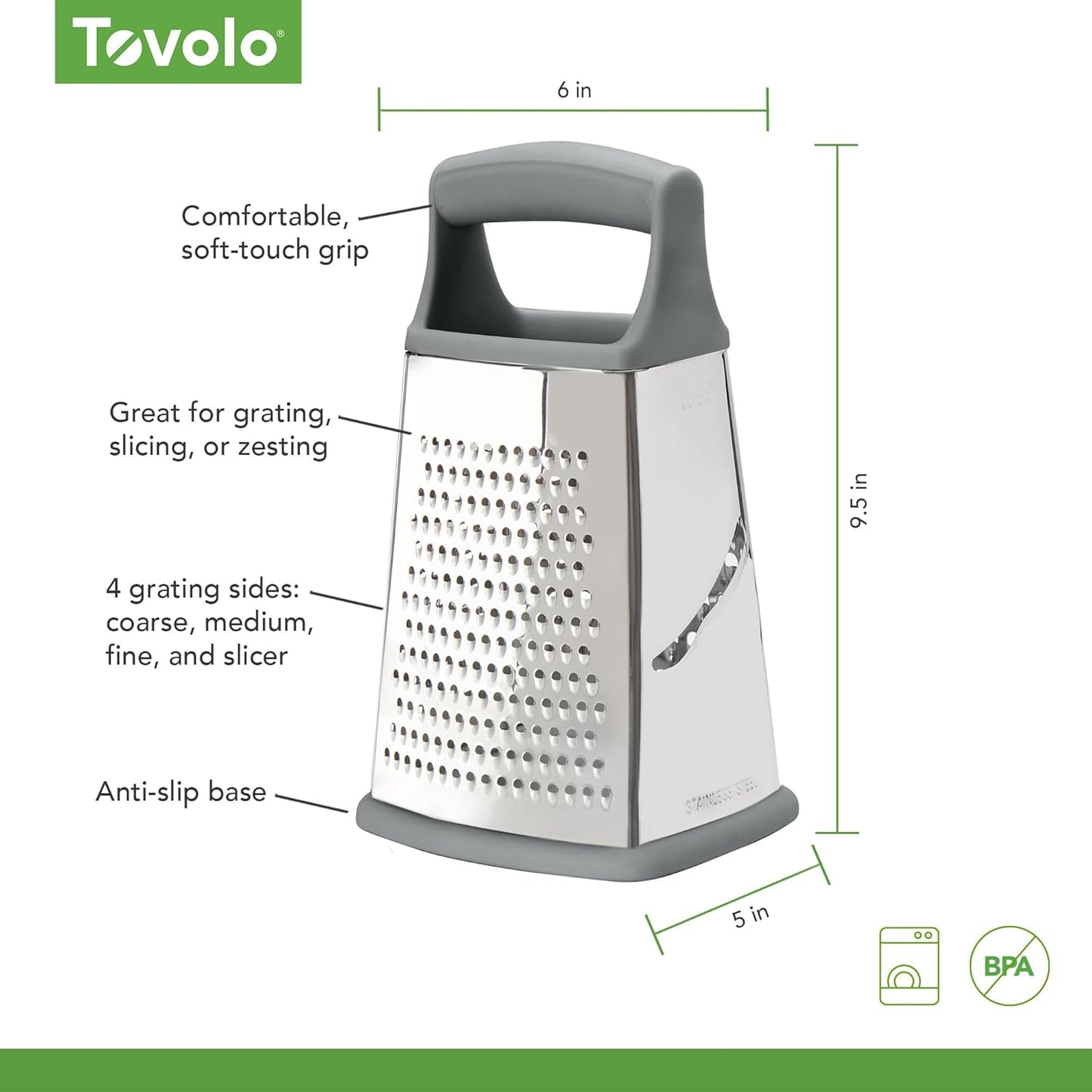 Tovolo Box Grater 4 Sided Large Stainless Steel Cheese Grater for Shredding Vegetables and Zesting, Easy to Clean Dishwasher Safe Box Grater with Ergonomic Handle and Non Slip Base, Charcoal Gray