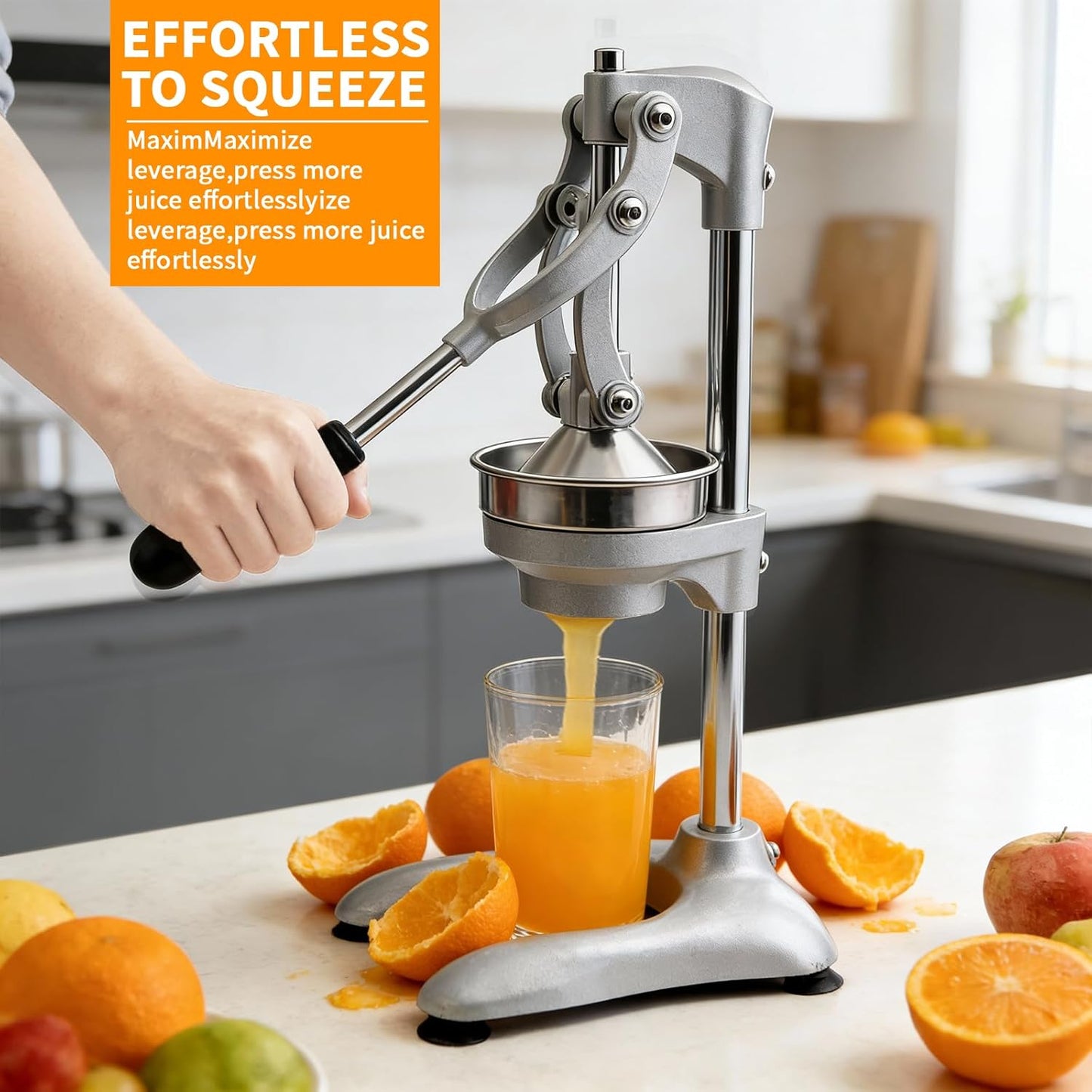 Cast Iron Manual Juicer, Full 304 Stainless Steel, Gravity Press Lever, Effortless Hand Press Juicer for Citrus Lemon Lime Grapefruit, Easy to Clean with Wide Stable Base (Silver)