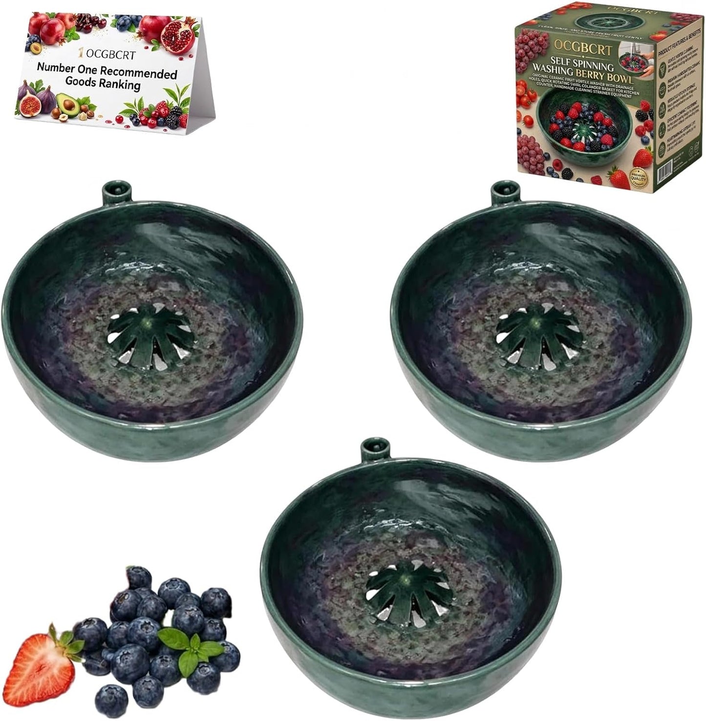 Self Spinning Washing Berry Bowl, Original Ceramic Fruit Vortex Washer with Drainage Holes, Quick Rotating Swirl Colander Basket for Kitchen Counter, Handmade Cleaning Strainer Equipment