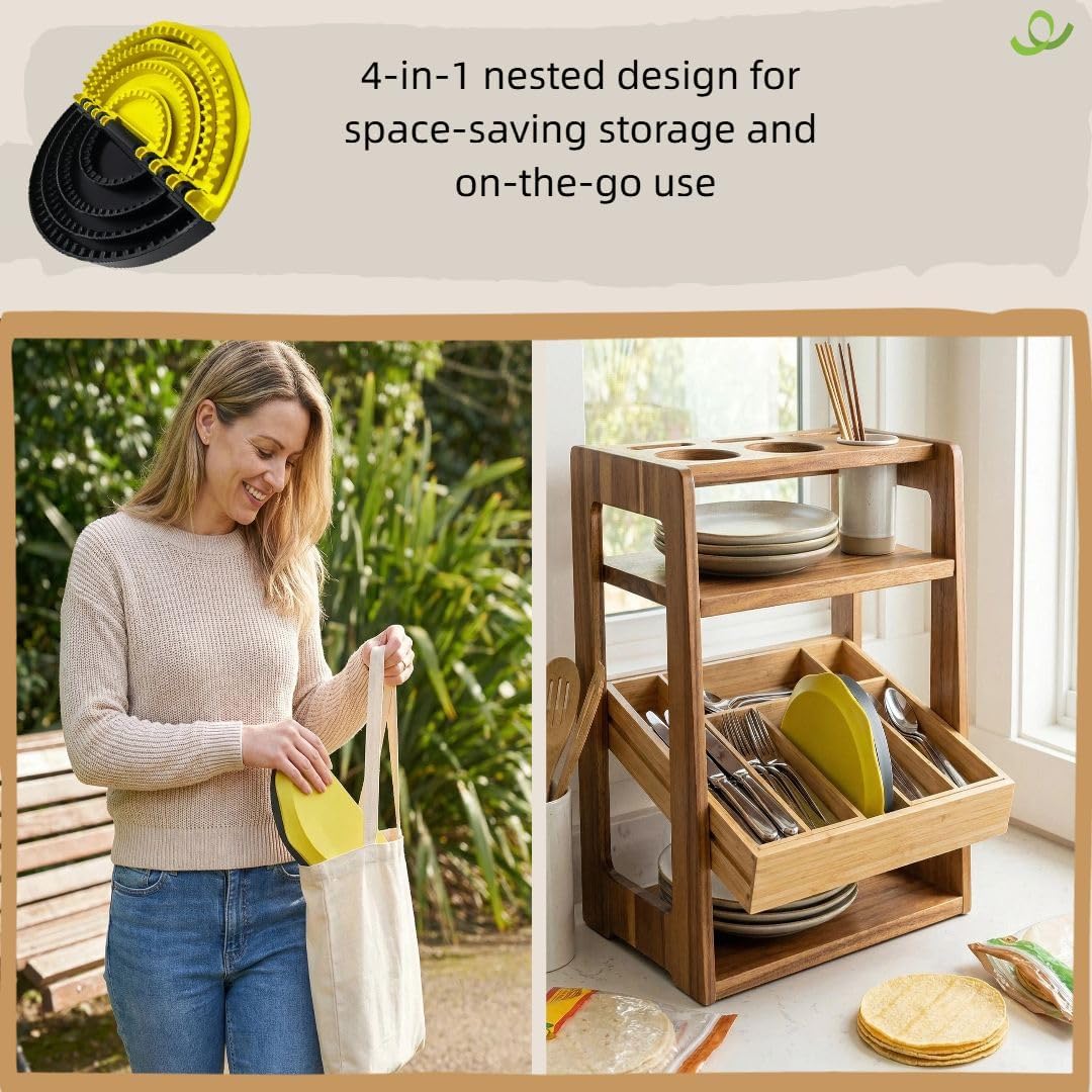 4-in-1 Nesting Tortilla Sealer & Crimper | 4/6/8/10-inch Sizes for Tortilla Wraps, Quesadillas, Burritos, Tacos, Dumplings & More | BPA-Free, Seal, Easy to Store, Dishwasher Safe, Yellow & Black