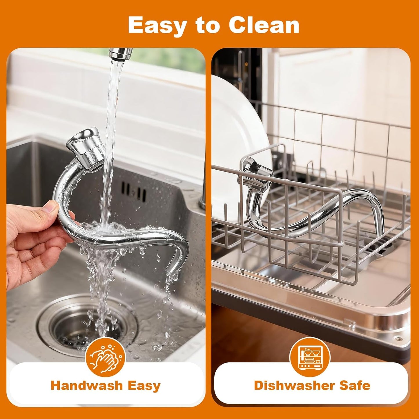 Stainless Steel Spiral Dough Hook for Kitchen Aid 4.5QT / 5QT Tilt-Head Mixers, Dishwasher Safe, Dough Hook Attachment - Efficient Kneading for Bread, Pizza, Pasta, Cookies