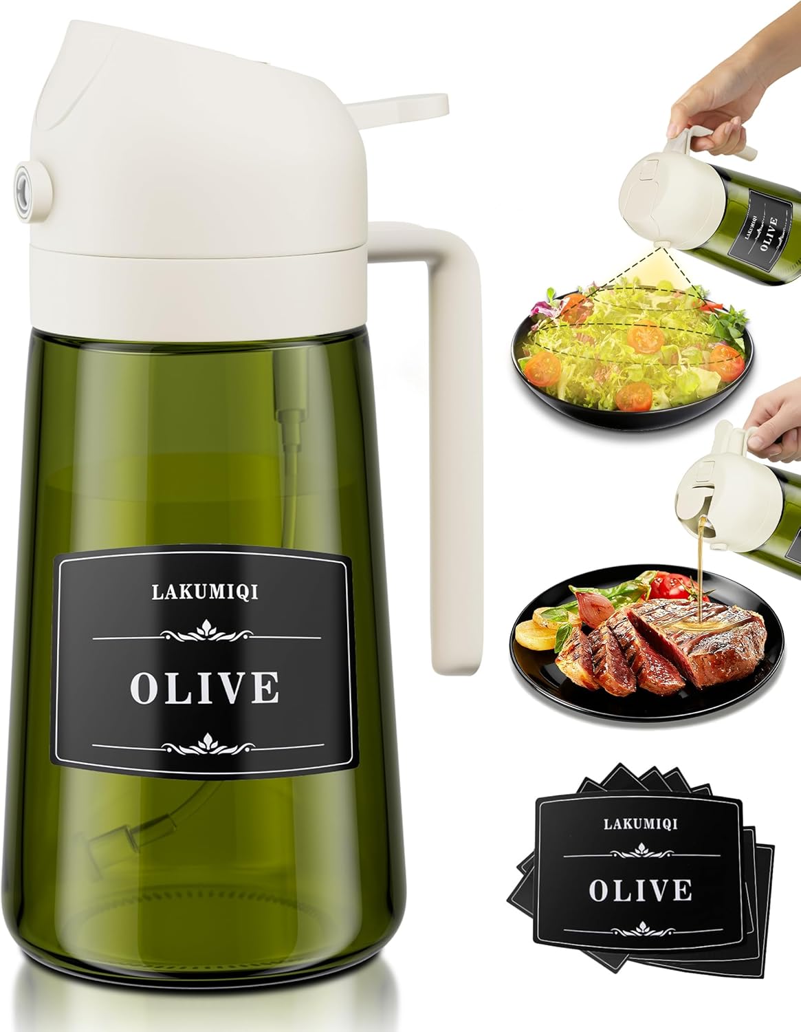 LAKUMIQI 2 in 1 Oil Sprayer for Cooking, 16oz Olive Oil Dispenser Bottle for Kitchen, Food Grade Light-Blocking Leak Proof Glass Spray Bottle for Salad, Air Fryer, BBQ