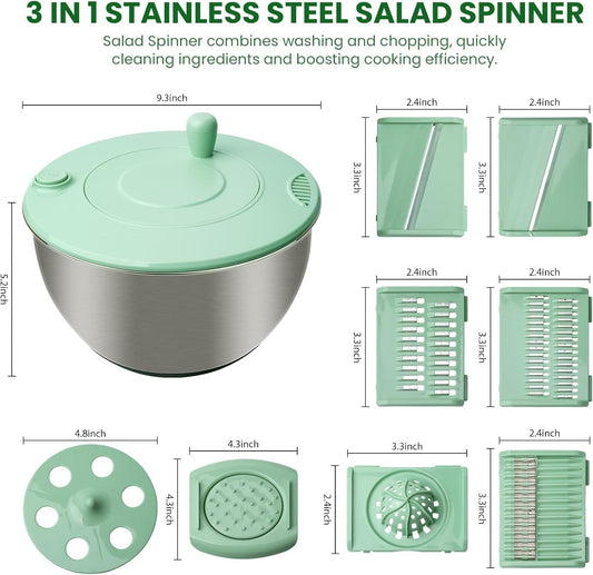 4.25 Qt Stainless Steel Salad Spinner Large, Salad Wash Bowl, Fruit & Vegetable Dryer, with 5-Blade Slicer, Egg Yolk Strainer and Shredder for Efficient Salad Preparation and Food Washing
