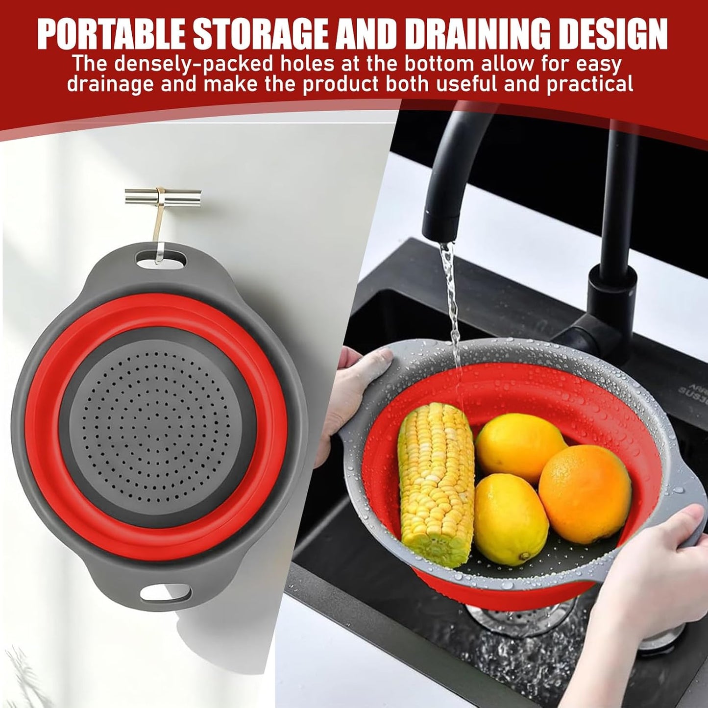 Collapsible Colanders, Food Strainers for Kitchen Use, Food-Grade Silicone Folding Strainer for Rinsing and Draining, Orange