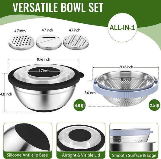P&P CHEF 4-In-1 Stainless Steel Colander with Bowl Set, Rotatable Strainers for Kitchen, Fruit Cleaner, Washing Fruit & Draining Pasta, Mixing Bowl and Lid with Grater for Salad, Khaki