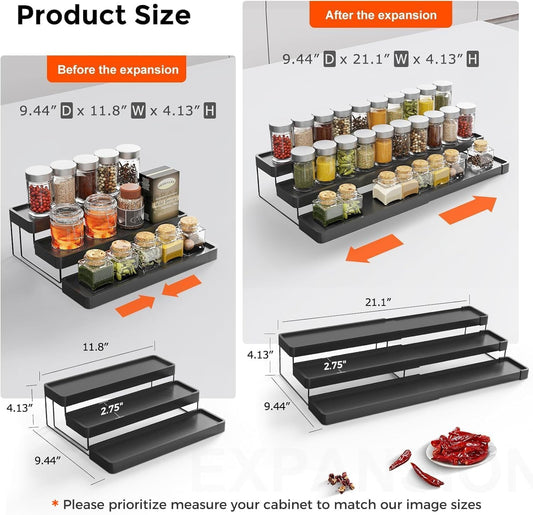 Expandable Spice Rack Organizer for Cabinet - 3 Tier Adjustable Cabinet Spice Organizer Easy Visibility - Spice Organizer for Cabinet Countertop Cupboard Pantry Organization (White)