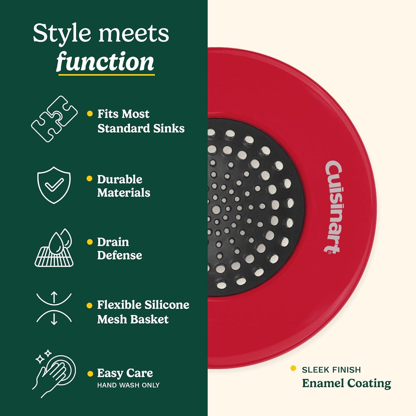 Cuisinart Sink Strainers- 2 Pack Kitchen Sink Drain Strainer & Food Catcher with Enamel-Coated Stainless Steel Rim and Silicone Base, Fits Standard 3.5" Drains, Outer Diameter 4.35", Scratch-Safe