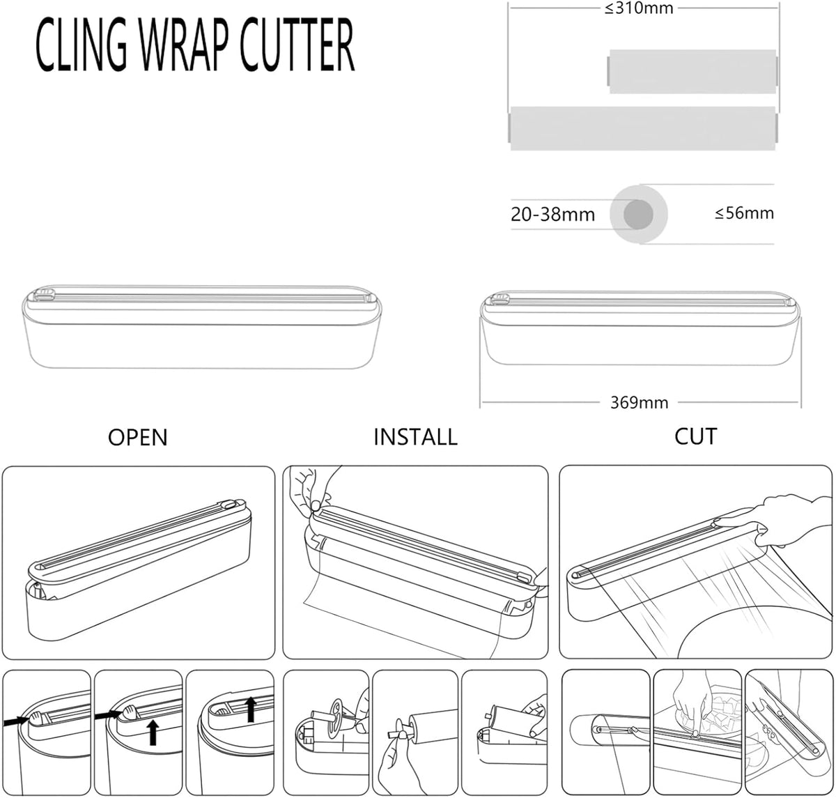 Plastic Wrap Dispenser with Cutter,Plastic Food Wrap Dispenser with Slide Cutter Refillable Cling Film Dispenser with 250' of Professional BPA Free Cling Film.