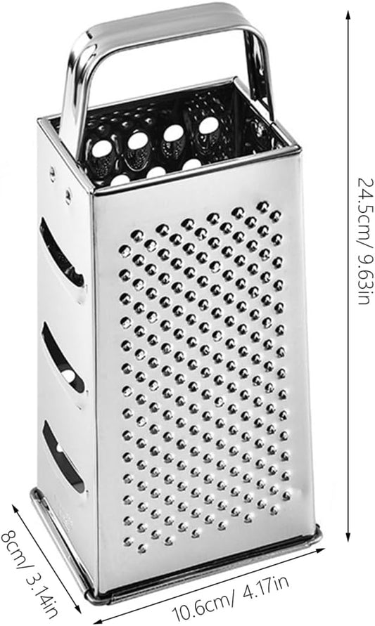 Multifunctional 4-Sides Box Grater Stainless Steel Kitchen Gadget for Cheese Vegetable Fruit Grating and Slicing with Comfortable Grip Compact 9.64X4.17X3.14 Inch