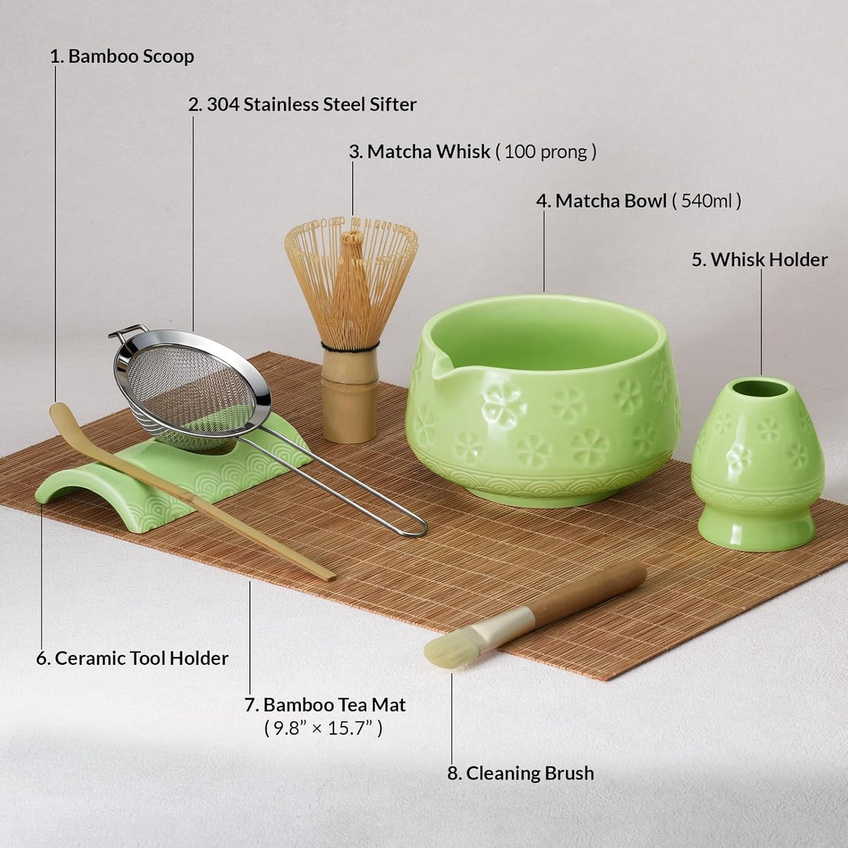 8 Pcs Matcha Whisk Set, Matcha Kit Gifts for Women, Mottled Green