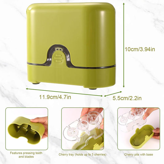 3-in-1 Cherry Pitter and Slicer Tool, Portable Fruit Corer with Ergonomic Press Design Removes Pits from 3 Cherries at Once Time-Saving Cherry Core Remover for Jam Baking & Kitchen Use (Green)