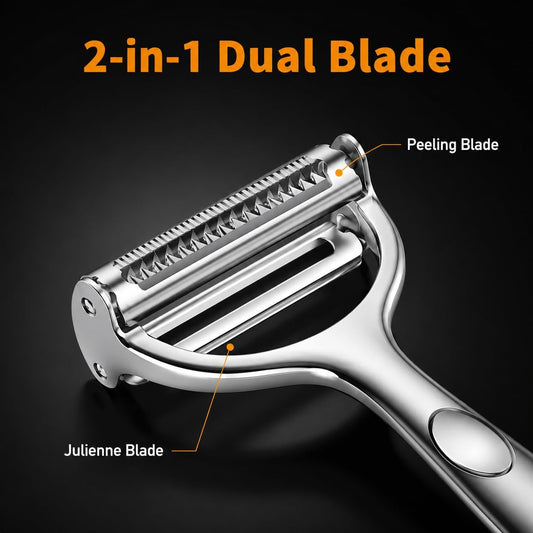 2-in-1 Multifunction Vegetable Peeler & Julienne Slicer | Stainless Steel Dual Blade, For Potatoes, Carrots, Cucumbers, Ergonomic