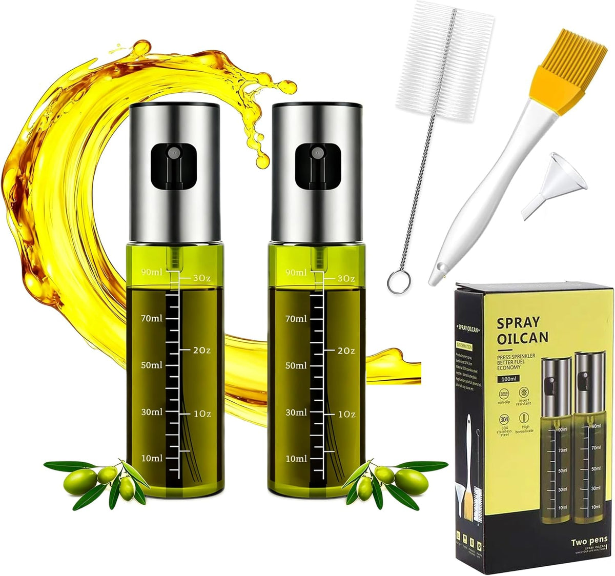 Oil Sprayer for Cooking - Olive & Avocado Oil Spray Bottle, 100ml Food Grade Glass Mister with Adjustable Nozzle for Kitchen Gadgets, Air Fryer, Salad, Frying, BBQ (1PCS)
