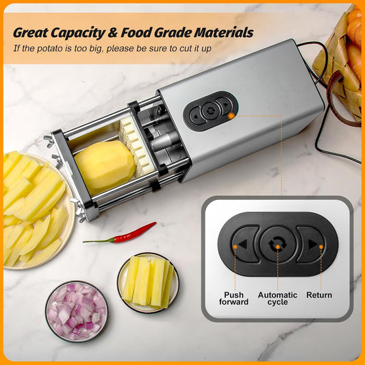 Electric French Fry Cutter - Automatic Potato Cutter with 1/2" & 3/8" Stainless Steel Blades, Non-Slip Suction Base, for Homemade Fries & Veggie Prep Potatoes Carrots, Kitchen & Light Commercial Use