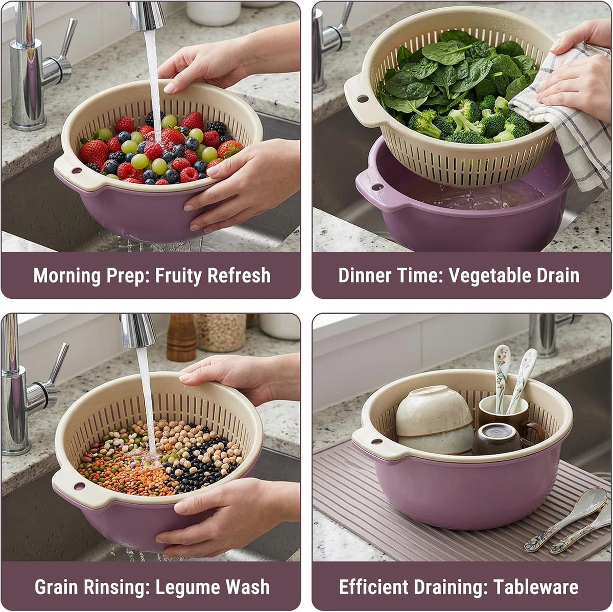 2 in 1 Colander Bowl Set Detachable Strainer Serving Bowl for Kitchen