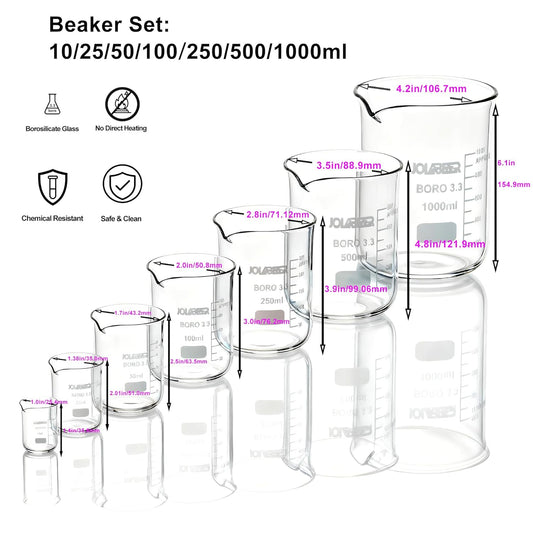 JOLABEAR Glass Beaker Set - 7 Size -10ml 25ml 50ml 100ml 250ml 500ml 1000ml, 3.3 Boro Griffin Low Form Lab Beakers with Printed Graduation