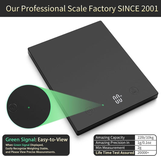 22lb/10kg Food Scale, Precision 0.1oz/1g by Our Professional Scale Factory Since 2001, Kitchen Scales Digital Weight Grams and Ounces for Cooking and Baking, LED, 3*AAA Batteries, Black