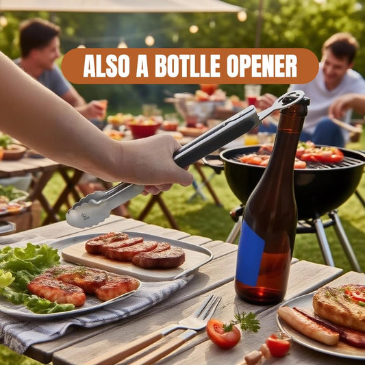 Tongs for Cooking 2 PCS of 12" | Stainless Steel, 2-in-1 Locking Bottle Opener Built-in, Heat Resistant Silicone Grips, For Grilling Camping BBQ Kitchen