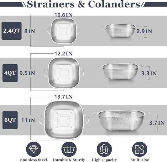 3 Pack Colander for Kitchen, Square Stainless Steel Metal Strainer Colander with Handle for Draining Food Pasta Vegetable, Micro-Perforated & Elevated Feet, Dishwasher Safe(2.4/4/6QT)