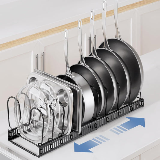 Pots and Pans Organizer under Cabinet with Pot Lid Organizer, Expandable Rack for Pan and Pot Organizers Inside Cabinet, 12"-23" Adjustable with 10 Dividers for Kitchen Organization, Black
