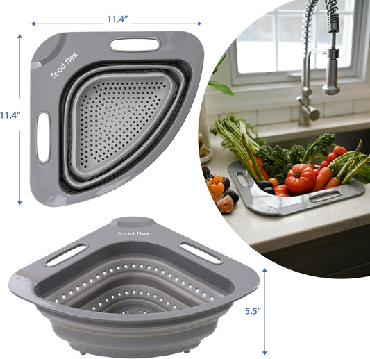 Collapsible Corner Colander – Space-Saving Over Sink Strainer, 3.5 Qt, Grey