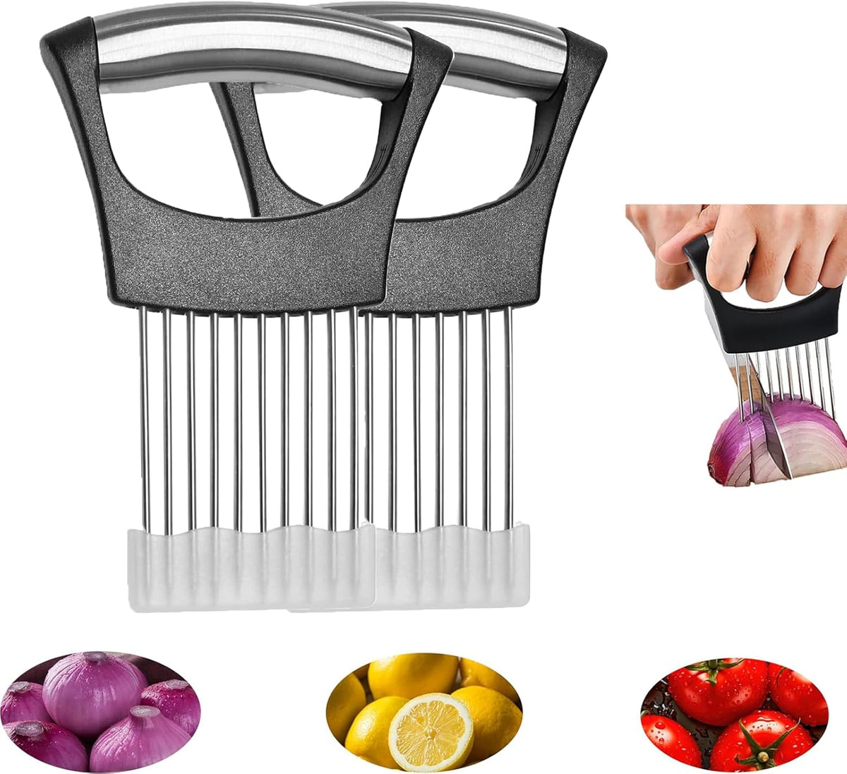 Onion slicer, lemon slicer, stainless steel onion cutter for slicing potatoes, onions, tomatoes, eggs, fruits, vegetables and meat, with protective cover (1)