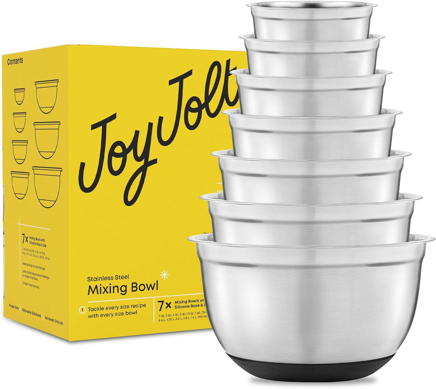 Stainless Steel Mixing Bowls with Airtight Lids, 7 Piece Nesting Bowls Set for Kitchen with Measurement Marks, Non-Slip Bottoms, Cooking, Baking, Prepping, Storage, 7/5/4/3/1.5/1/.75QT, Black