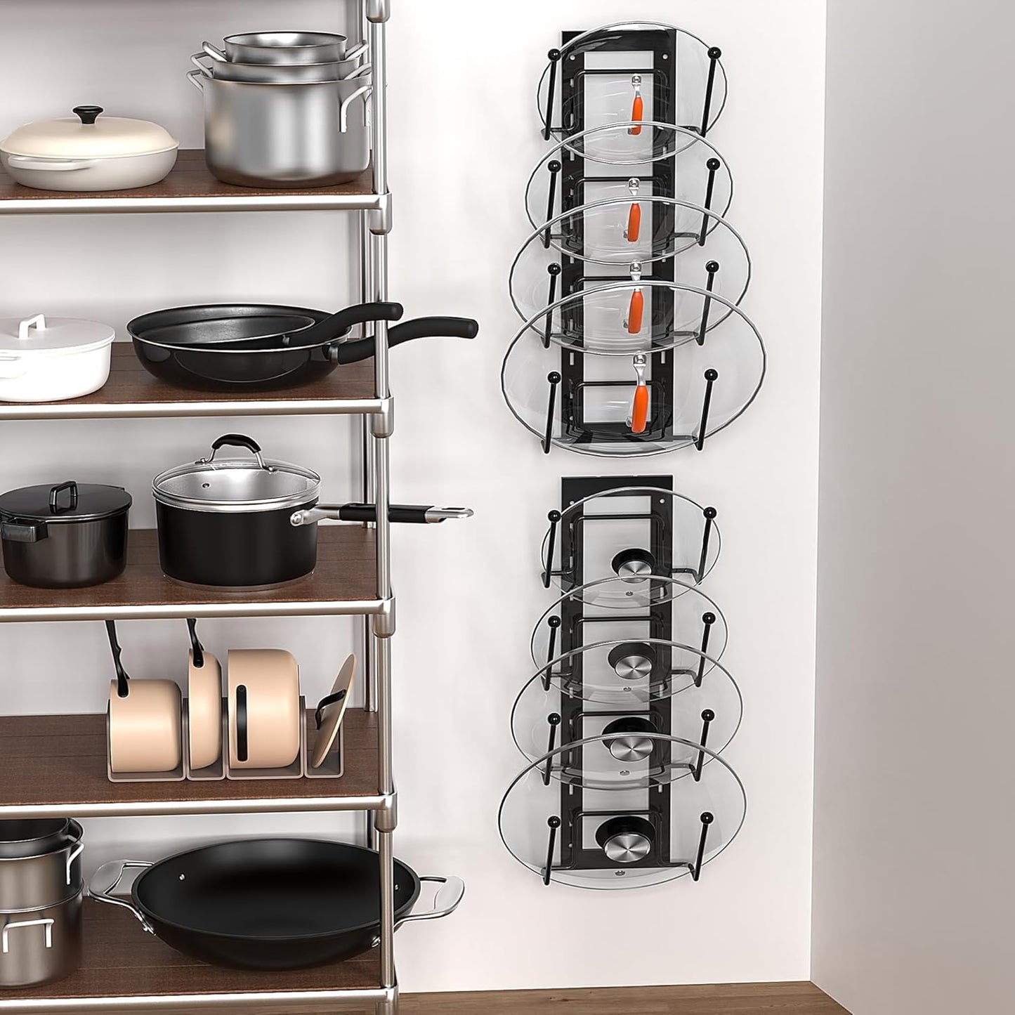 Cisily 8 Layers of Adjustable Pot Lid Organizer Rack for Cabinet Door/Wall,2Pack Lid Organizer Pots and Pans Holder for Kitchen Storage with No Drilling Adhesive 5.7 W“(Black)