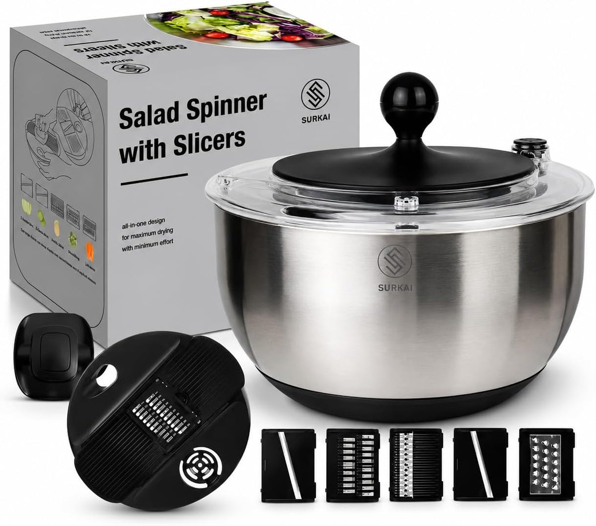 5L Stainless Steel Salad Spinner, Salad Spinner with Non-Slip Base & Spinner Dryer with stop button & drying, Vegetable Washer For Fast Meal Prep, Dishwasher Safe Kitchen Set