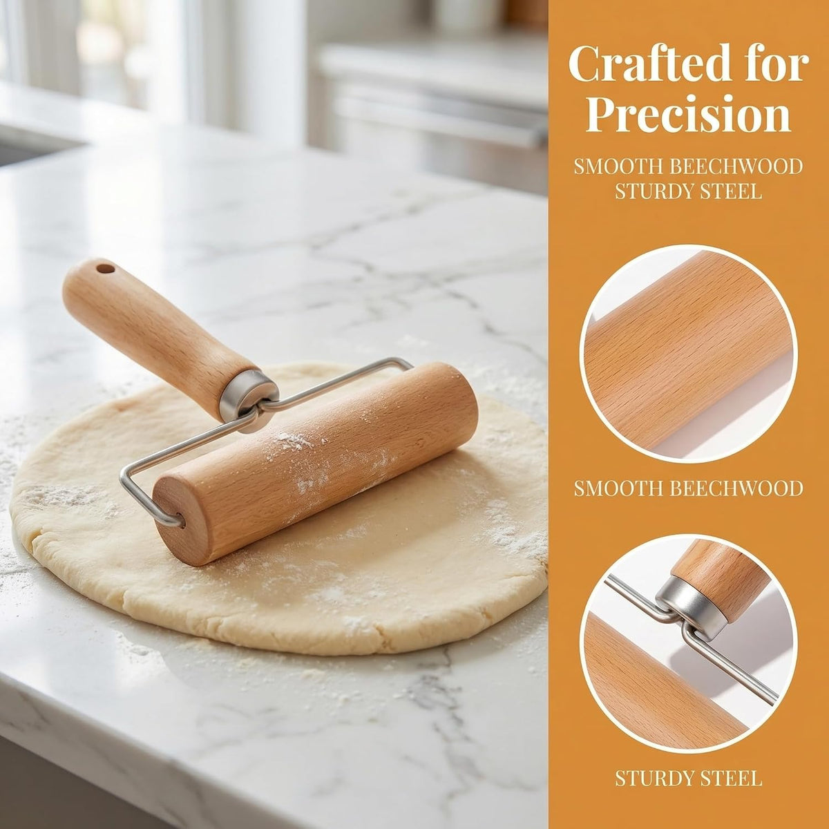 Large T-Shaped Rolling Pin, Wooden Dough Roller with Stainless Steel Frame, Smooth Pastry Roller for Pizza, Cookies, Pie Crust and Baking