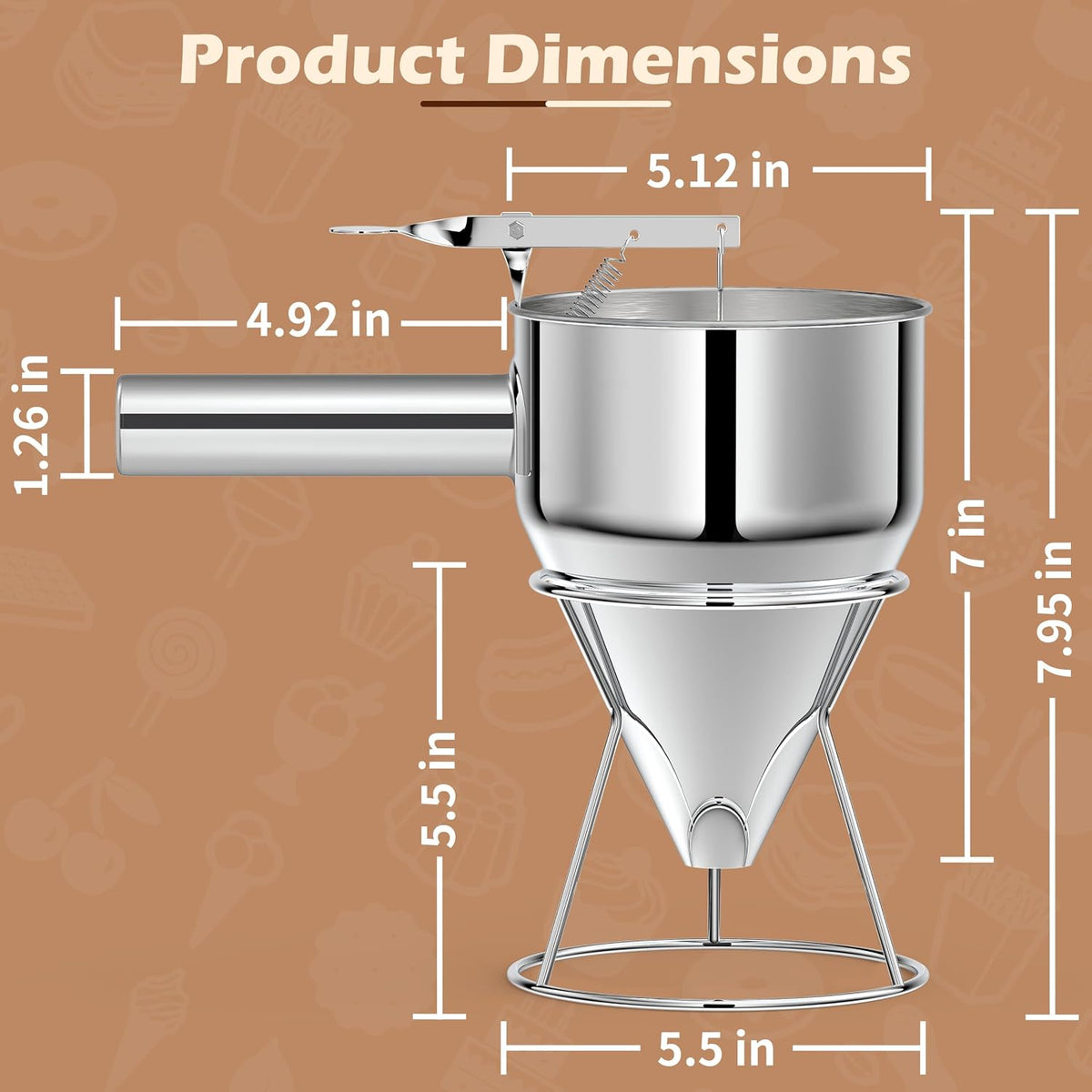 Pancake Batter Dispenser, Pancake Dispenser with 0.8" Large Spout, Easy-Pour Cake Batter Funnel for Thick Mix with Fruits or Chocolate Chips, Stainless Steel Funnel for Home and Kitchen